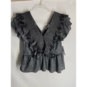 Entro Starry Nights Peplum blouse Silver Glitter V-Neck Ruffle Size Medium NEW